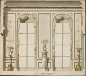Arkkitehtuuriprojekti Hotel de Madame de Mazarinin Grande Galerielle Pariisissa (kynä ja muste ja w/c paperilla) tekijältä Jean Desmosthene Dugourc