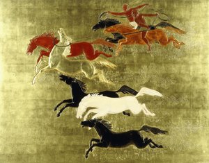 Hevosen valloitus; La Conquete du Cheval, n. 1934 (lakattu ja kullattu paneeli)