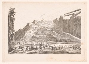 Vuoristomaisema ja matkustava ratsuväki (otsikko esineessä) tekijältä Jean Duplessis Bertaux (attributed to)