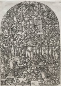 Apokalypsi: Lukematon joukko, joka seisoo valtaistuimen edessä, 1555. tekijältä Jean Duvet