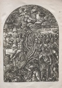 The Apocalypse: Babylon the portto, istuu seitsemänpäisen pedon selässä, 1546-1556. tekijältä Jean Duvet
