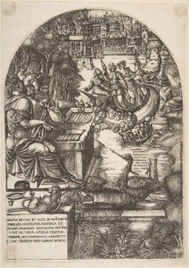 Taiteilija Jean Duvet evankelista Pyhän Johanneksen hahmossa istumassa pöydän ääressä, n. 1546-55.