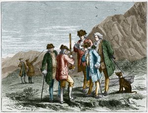 Florin Perier mittasi Evangelista Torricellin tai Toricellin barometrin (elohopeaputken) korkeutta Blaise Pascalin ilman painovoiman kokeessa Puy de Domen huipulla (1648). Kaiverrus Yan Dargent.