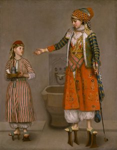 Turkkilaispukuinen nainen ja hänen palvelijansa tekijältä Jean Étienne Liotard
