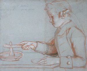 Jean Etienne Liotard, taiteilijan poika aamiaisella, n. 1770 (punainen, musta ja valkoinen liitu sinisellä paperilla) tekijältä Jean Étienne Liotard