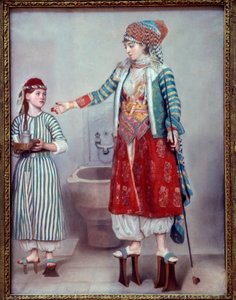 Orientalismi: "" Franco-nainen pukeutunut turkkilaiseen ja hänen orjaansa"" Kaksi naista käyttävät puisia tasoja, joita käytetään hamamissa. Pastellimaalaus Jean Etienne Liotard (1702-1789) 1742 Dim. 0,71 x 0,53 m Geneve, musee d