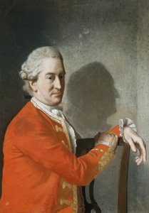 James Hamiltonin, Clanbrassilin 2. jaarlin, muotokuva, puolipitkä, punaisessa takkissa, istuu mahonkituolissa, hänen profiilinsa heitettynä varjoissa seinälle, 1774 tekijältä Jean Étienne Liotard