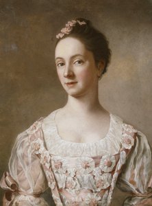 Naisen muotokuva, puolipitkä, vaaleanpunaisessa ja valkoisessa mekossa, tekijältä Jean Étienne Liotard
