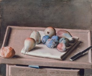 Asetelma päärynöillä, viikunoilla, luumuilla, sämpylällä ja veitsellä pöydällä tekijältä Jean Étienne Liotard