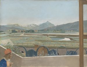 Näkymä Mont Blancin vuoristoon Geneven taiteilijastudiosta omakuvalla Näkymä Mont Blanc -vuorelle taiteilijan ateljeesta Genevessä, omakuva tekijältä Jean Étienne Liotard