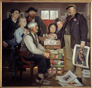 Baker-propagandakohtaus. Leipuri yrittää saada vanhan maanviljelijän liittymään puolueeseen. Eugene Bulandin maalaus (1852-1927)