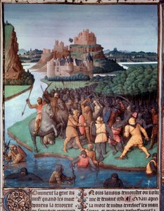 Taistelu juutalaisten ja makedonialaisten välillä Pienoiskuva otettu Jean Fouquetin (1420-1481) "Muinaisten juutalaisten kirjasta" (juutalaiset antiikkiesineet) 1400-luvun Pariisi, B.N. tekijältä Jean Fouquet