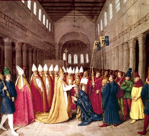 Paavi Leo III kruunasi keisari Kaarle Suuren 25. joulukuuta 800 Roomassa, valaistus Jean Fouquet