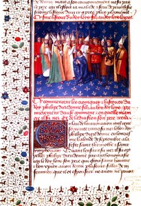 Ranskan kuninkaan Philippe II Augusten kruunajaiset vuonna 1179, n. 1455-60 (pienoiskuvaus) tekijältä Jean Fouquet