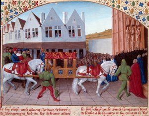 Kaarle IV:n (1316-1378) Entrée Saksan keisari vuonna 1378 Saint-Denisissä. Miniatyyri teoksesta "" Grandes Chronicles de France"" (Folio 442). Jean Fouquet