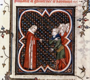 Etienne Marcel, Pariisin kauppiaiden ennakkoäänestäjä, käski Ranskan kuningas Johannes II Hyvä (1319-1364) kunnioittamaan vuoden 1357 "suurta määräystä" ja moitti hänen käyttäytymistään Jeanin "Ranskan suurissa kronikoissa" Fouquet (1420-1481), n. 1460 tekijältä Jean Fouquet