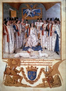 Hallittu Saint Michelin ritarikunnan osastolle Ludvig XI:n (1423-1483) ympärillä. Pienoiskuva Jean Fouquet