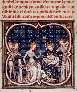 Ranskan kuningas Philip I (1052-1108) vaimonsa Berthe of Hollanden ja heidän lastensa Constance of Francen (1078-1125) ja Ludvig VI:n (1081-1137) miniatyyri teoksesta "" Les grandes chronicles de France"" (ms. fr 2813 fol. 182) 1375-1380 Paris, B.N. tekijältä Jean Fouquet