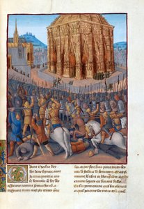 Le siege de Jerusalem par le roi de Babylone Nebukadnessar II (604-562 ennen JC) - Nebukadnessar II:n Jerusalemin piiritys. Kuvitus kirjassa Flavius ​​​​Josephus "Juutalaisten antiikki" (Antiquitatum Judaicarum) par Fouquet, Jean (1420-1481). Guassi päällä tekijältä Jean Fouquet