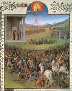 Ms Fr 247 f.70 Heprealaisten taistelu kanaanilaisia vastaan ja Korahin ja kapinallisten kuritus, kuva julkaisusta "Antiquites Judaiques", n. 1470 tekijältä Jean Fouquet