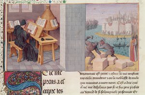 Ms.fr.273 fol.7 Livius (59 eKr.-17 jKr.) Kirjoittaminen ja Rooman perustaminen, Pierre Bersuiren kääntämä kirjasta The Annals of the Roman People, n. 1475 tekijältä Jean Fouquet