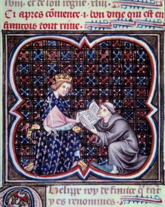 Kädellinen esittelemässä Ranskan suurten kronikoiden tekstiä Philip III:lle (1245-1285). Miniatyyri Jean Fouquet
