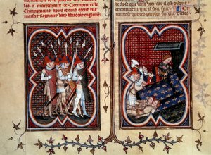 Etienne Marcel (1315-1358) ja hänen miehensä murhasivat marechaux Robert de Clermontin ja Jean de Conflansin delfiini Charlesin (tuleva Kaarle V) huoneessa Palais de la citessa 22. helmikuuta. tekijältä Jean Fouquet