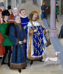 yksityiskohta "" Kuningas Saint Louis (Louis IX (1214-1270) valmistautumassa ulkomaille""" Miniatyyri Jean Fouquet
