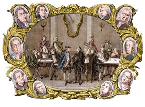 Pariisi - Kahvila "" Procope"" 1700-luvulla oikealta vasemmalle, mitaleissa Georges Louis Leclerc, Comte de Buffon, Nicolas Joseph Florent Gilbert, Denis Diderot, Jean le Rond d