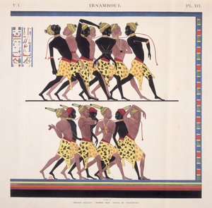 Tulkinta Ibsambulin freskoista, jotka kuvaavat nubialaisia orjia, taiteilijan teoksesta "Monuments de l"Egypte et de la Nubie", n. 1835