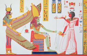 Ramses IV (1153-1147 eKr.) uhraa suitsukkeita Isikselle ja Amon-Relle, istuu valtaistuimella, kopio seinämaalauksesta hänen haudastaan Kuninkaiden laaksossa, levy 260 Jean-Francois