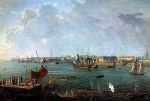 Näkymä Lorientin satamasta 1700-luvulla Yksityiskohta Jean Francois Huen (1751-1823) maalauksesta Paris, Musee de la Marine