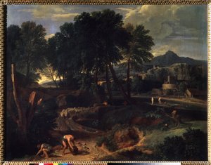 ""Maisema, jossa lammaslauma tiellä"" (Maisema, jossa lammaslauma tiellä) maalaus Jean Francois Millet Vanhin (1642-1679) 1600-luvun Pushkin-museo, Moskova