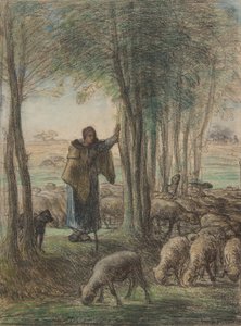 Paimentar ja hänen laumansa puiden varjossa, 1854-55 (conté värikynä ja pastelli taidepaperille) tekijältä Jean Francois Millet