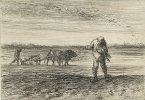 Mies kyntämässä ja toinen kylvö, 1849-1852 tekijältä Jean Francois Millet
