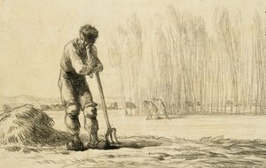 Talonpoika nojaa haarukalla, tekijältä Jean Francois Millet