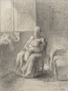 Istuva nainen vauvan kanssa ikkunan vieressä, n. 1824-75 (liitu paperille) tekijältä Jean Francois Millet