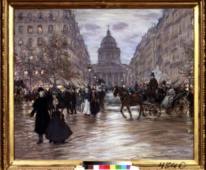 ""Boulevard Saint Michel"" Näkymä rue Soufflotille ja Pantheonille Luxembourgin puutarhasta ja Boulevard Saint-Michelistä Pariisissa, taksit ja tyylikkäät pariskunnat elävöittävät katua illan tullessa. Jean Francois Raffaellin maalaus (18 tekijältä Jean Francois Raffaelli