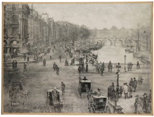 Pariisi, Place de Saint Michel, Quai des Grands Augustins ja Pont Saint Michel etualalla ja Pont Neuf ja Louvre taustalla, n. 1900 tekijältä Jean Francois Raffaelli
