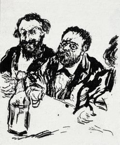 Taidemaalari Edouard Manet (1832-1883) ja kirjailija Emile Zola (1840-1902) pöydän ääressä Jean Francois Raffaellin (1850-1924) karikatyyri tekijältä Jean Francois Raffaelli
