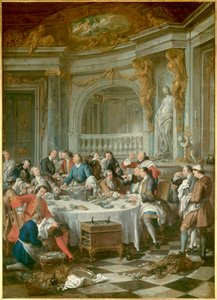 Oyster Breakfast Ryhmä aatelisia, yksinomaan miehiä, jotka nauttivat ostereiden ja alkoholin gastronomisesta irstailusta. Jean Francois De Troyn (1679-1752) maalaus 1735 su. 1,80 x 1,26 m Chantilly, museo Conde - Oyster Lunch. Täysin urospuolinen osterilou