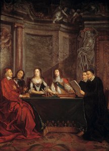 Omatuntoneuvosto: St. Vincent de Paul, kardinaali Jules Mazarinin (1602-1661), Peter Seguierin (1588-1672), Itävallan kuningatar Annen (1601-1666) ja Ludvig XIV:n alaisen omatuntoneuvoston johtaja. (1638). tekijältä Jean François de Troy