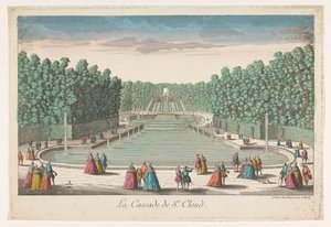 Näkymä Château de Saint-Cloudin puutarhan vesiputouksille La Cascade de St. Cloud (otsikko esineessä)