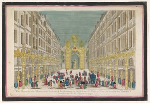 Näkymä Rue de la Feronnerie -kadun koristelusta Pariisissa Ranskan kuninkaan Ludvig XV:n entisöinnin yhteydessä vuonna 1745 Vue perspektiivi des illuminations de la Ruë de la Feronnerie du côté de la Ruë St. Denis a Paris (...) (nimi on o