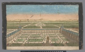 Näkymä puutarhaan ja Palacio del Buen Retirolle Madridissa Vüe ​​​​perspective du Palais Royal et des Jardins du Buen Retiro, en Espagne (otsikko esineessä) tekijältä Jean François Daumont