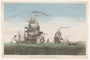Merinäköala laivojen ja veneiden kanssa tuulessa Vue de la mer au vent frais (otsikko esineessä) tekijältä Jean François Daumont