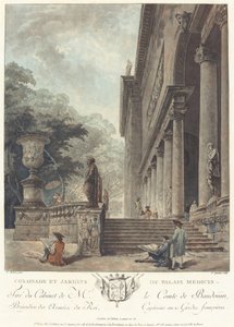 Medicin palatsin pylväikkö ja puutarhat tekijältä Jean François Janinet after Hubert Robert