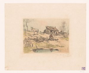 Maisema miehen ja aasin kanssa kotalla La cabane du chiffonnier tekijältä Jean François Raffaëlli (signed by artist)