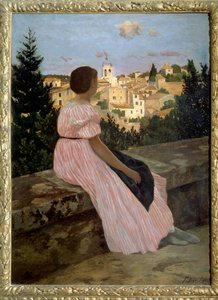 Vaaleanpunainen mekko tai näkymä Castelnau le Lezille (tai Castelnau-le-Lez, Herault). Taiteilijan veljentyttären Therese des Hoursin muotokuva. Jean Frederic Bazillen (1841-1870) maalaus 1864 su. 1,4x1,1 m. Öljy kankaalle. Paris, musee d