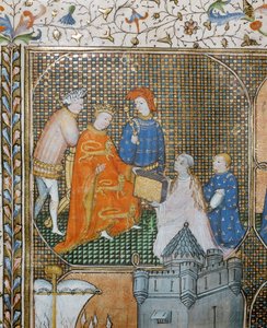 Historiantutkija Froissart polvillaan, papilliseen asuun pukeutuneena, esittelee Edward III:lle sadan vuoden sodan aikakirjansa ... tekijältä Jean Froissart